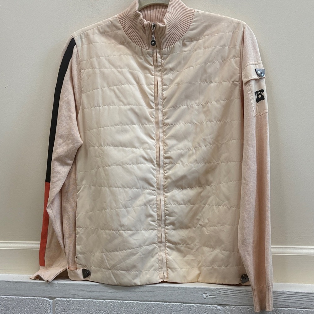 jamie sadock Cream Quilted Front silk blend  Jacket with Rib Knit Trim